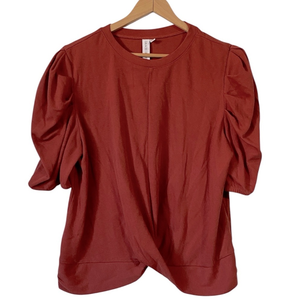 Everyday Puff Sleeve Twist Hem Top - Rust